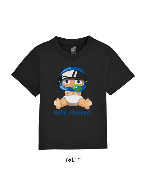 Tee-shirt noir en coton avec le bébé motard assis portant un casque bleu - Devant avec le dessin